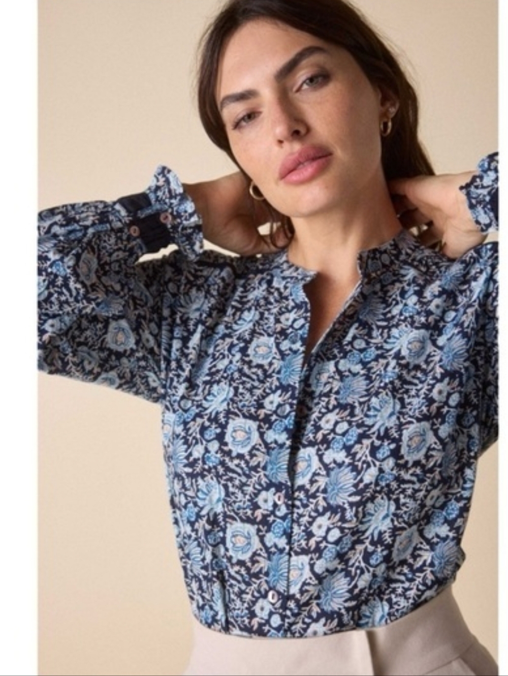 St Roche Sanborn Blue Floral Paisley, Ruffle Cotton Spring Blouse